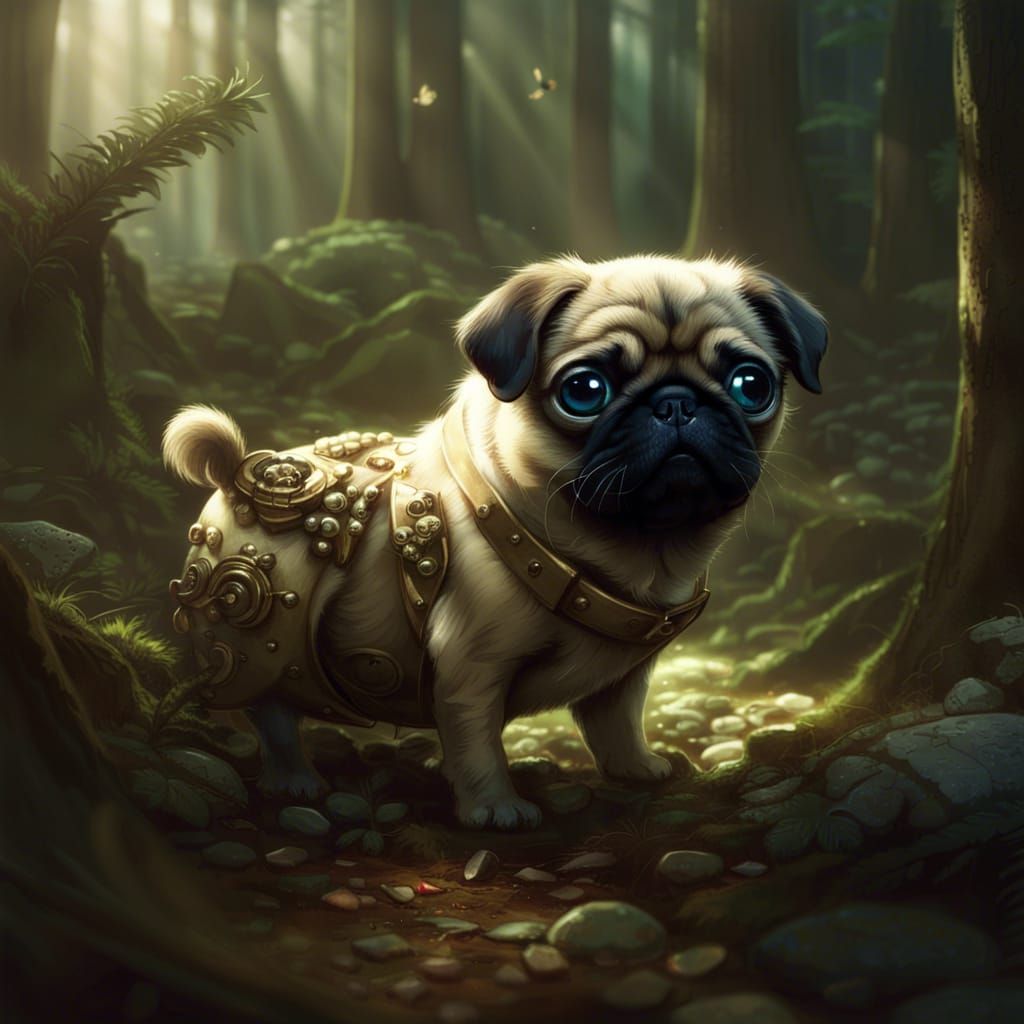 Adorable Chibi Pug in Forest, Digital Art
