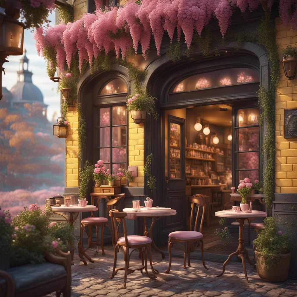 Cozy European Cafe with Pink Flowers