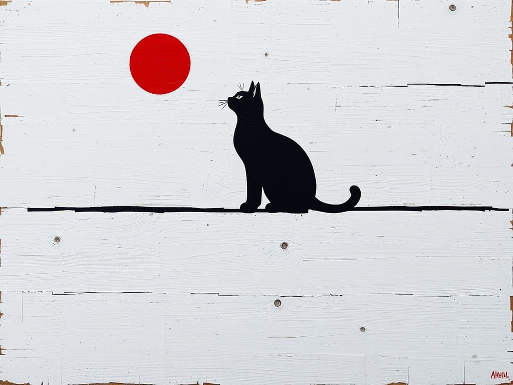 Minimalist Graffiti: Black Cat and Red Sun on Wood