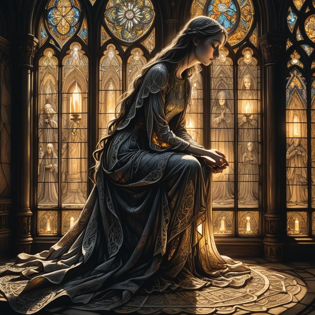 Sorrowful Woman in Cathedral: Charcoal Drawing