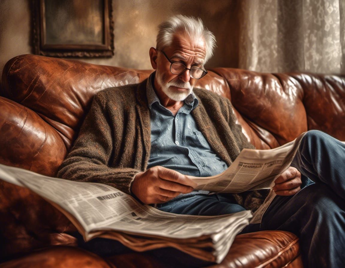 Older Man Reading Newspaper: Impressionist Impasto Portrait