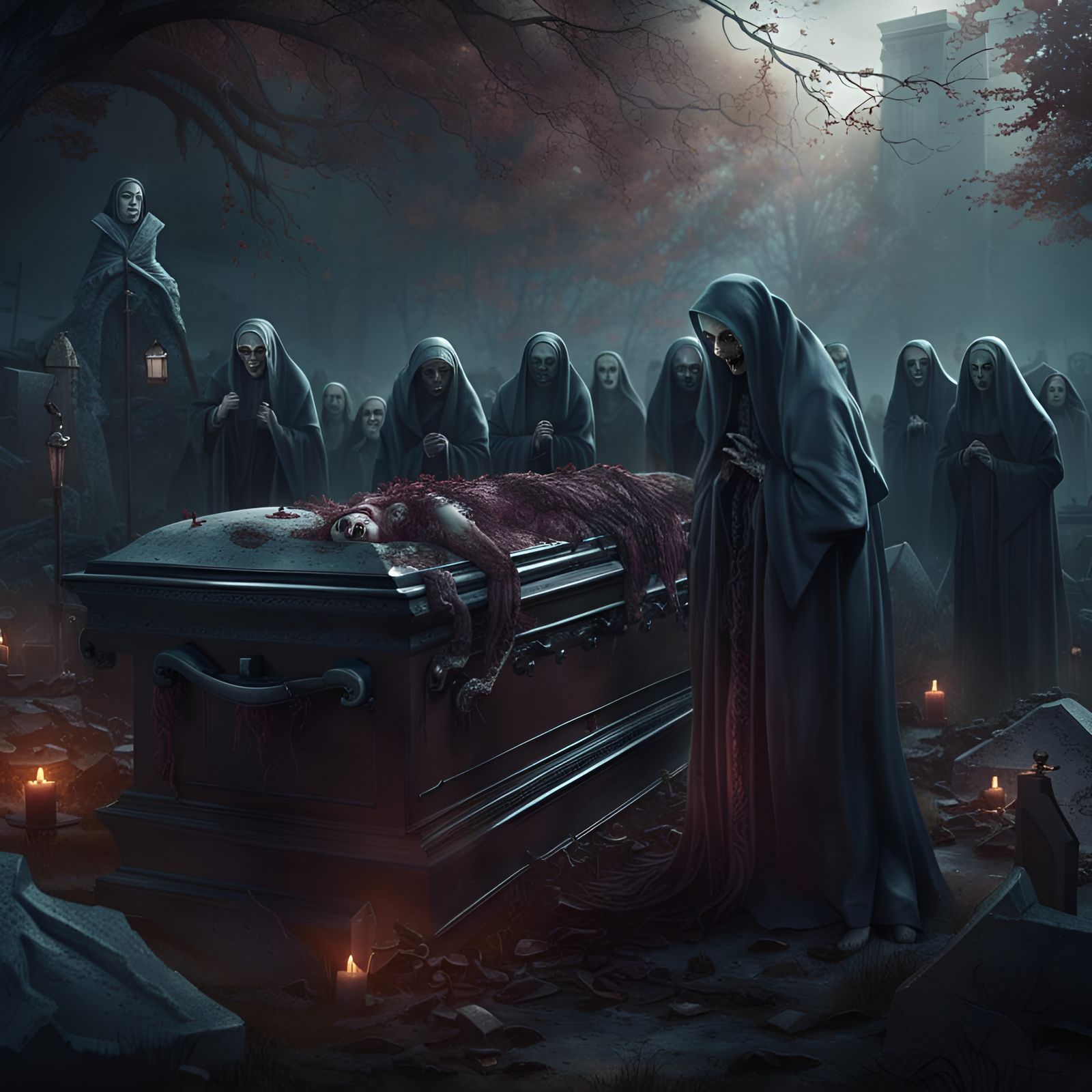 Rotting Zombie Emerges in Cemetery: Detailed Matte Painting