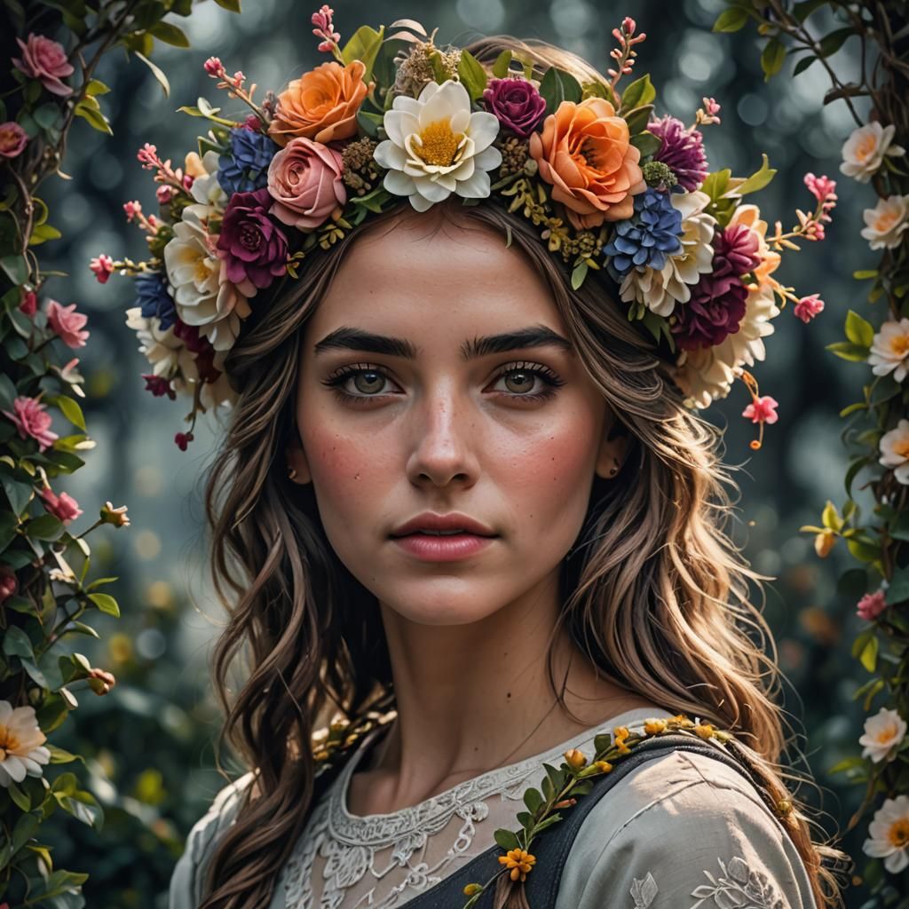 Girl with Flower Crown in Hyperrealistic Style