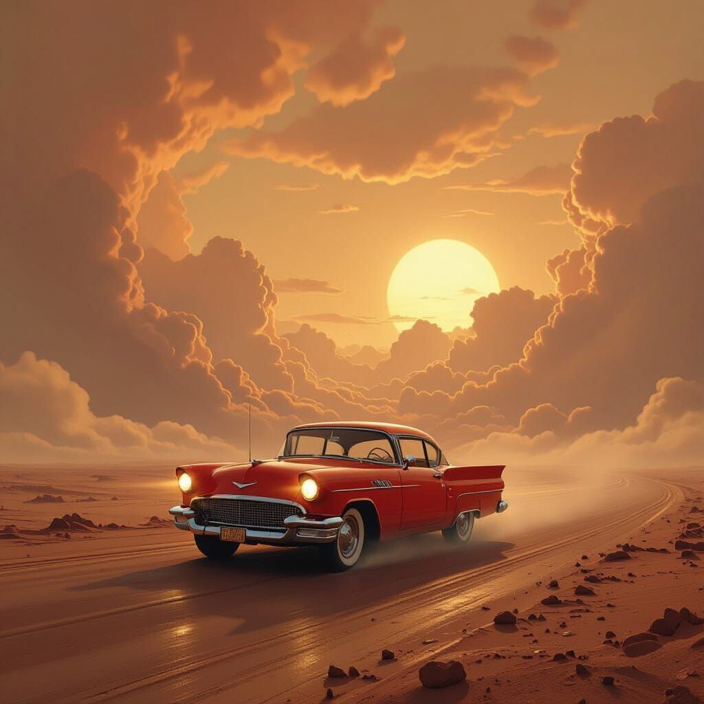 Vintage Red Car on Venus Surface with Swirling Clouds