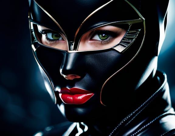 High-Contrast Portrait of Feline Catwoman in Suited Attire,....
