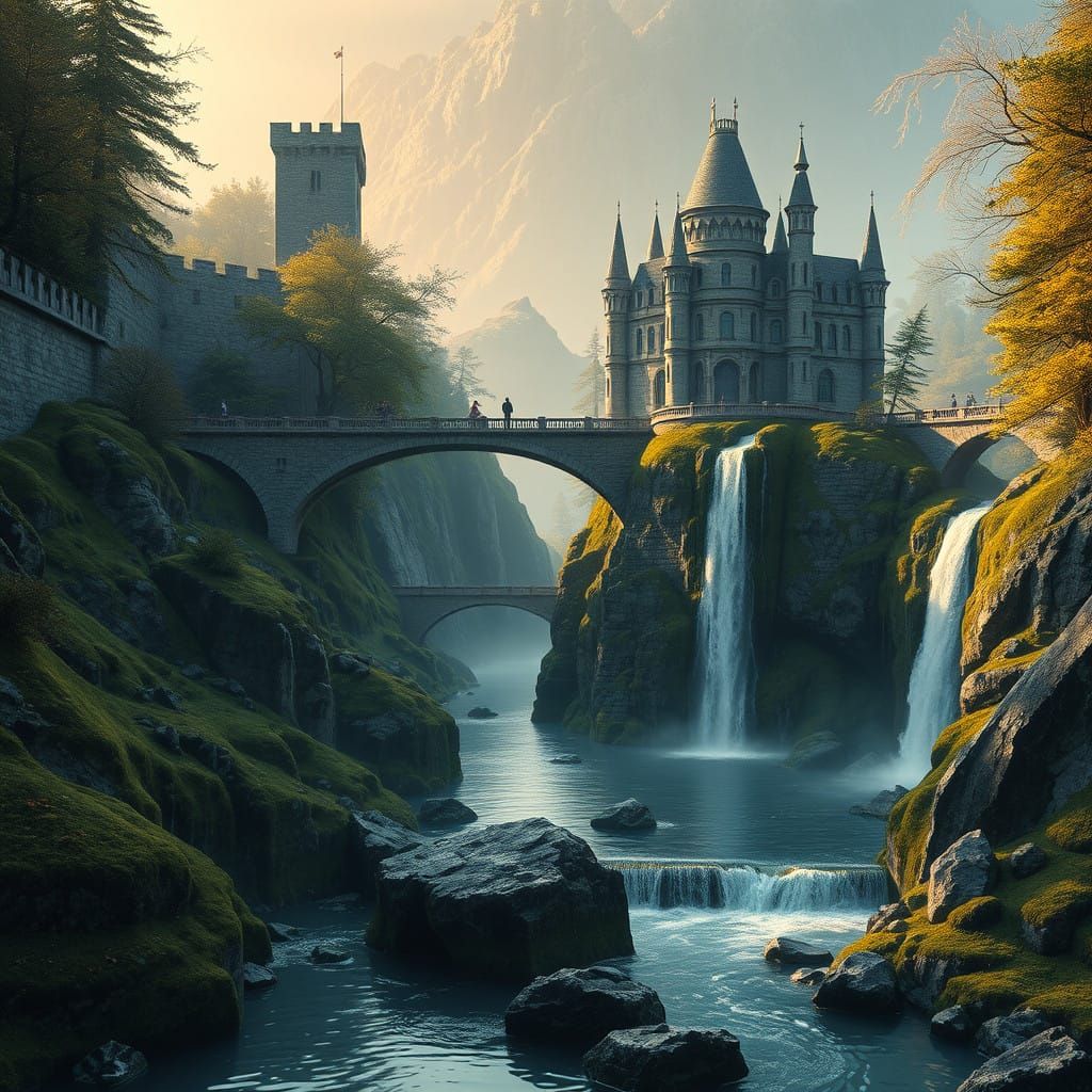 Fantasy Realm Water Channel with Majestic Fortress and Castl...