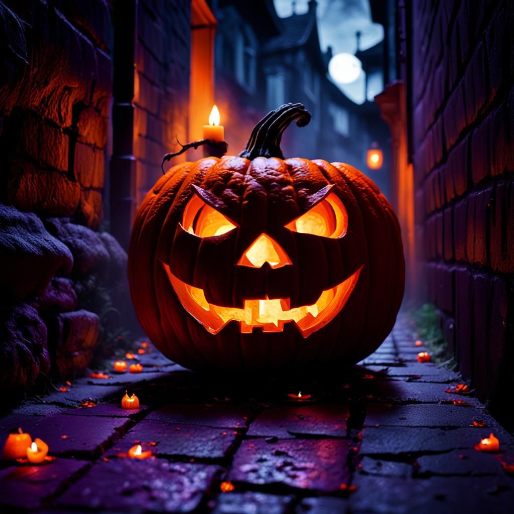 Glowing Jack-o-Lantern in Dark Halloween Alley