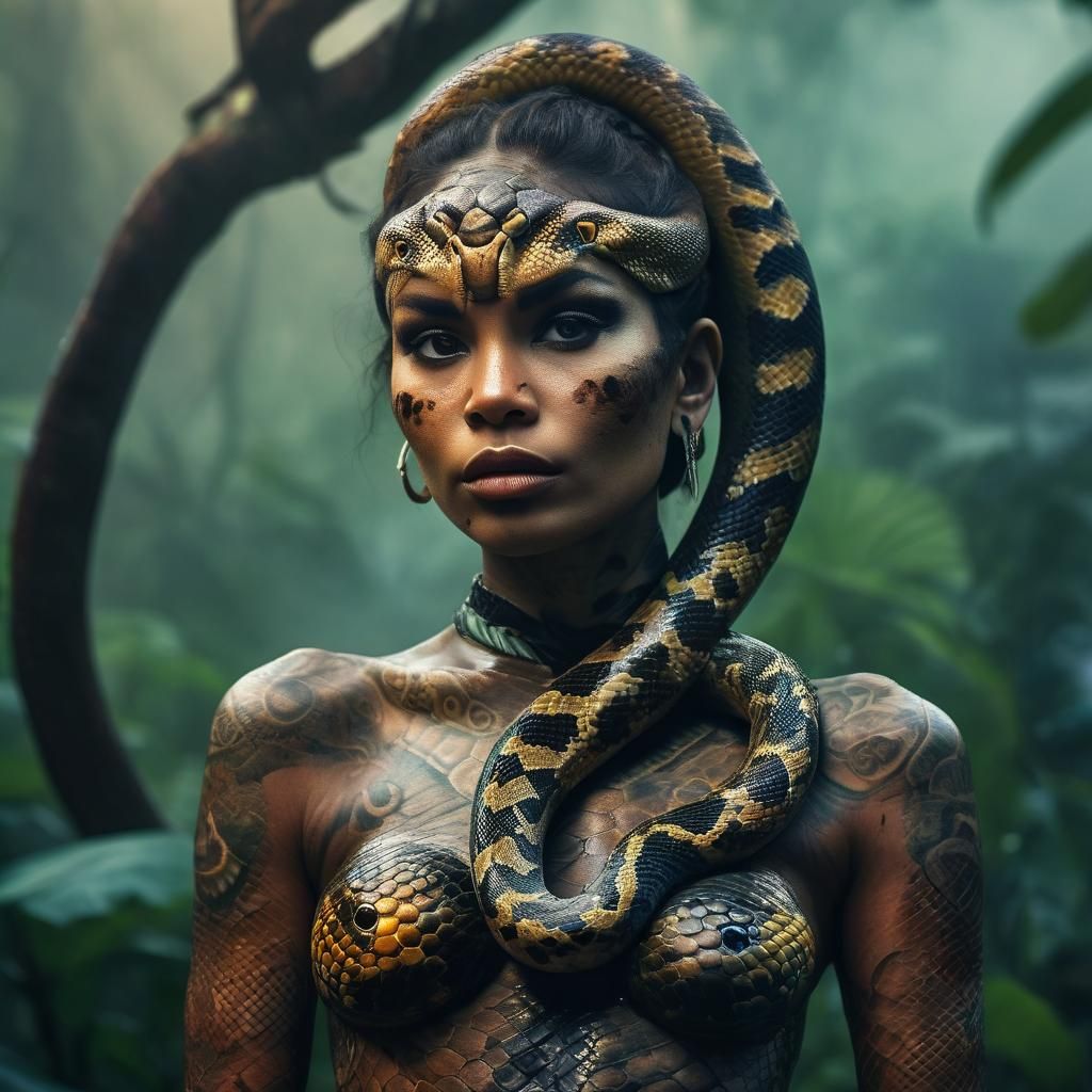 Mystical Jungle Woman with Snake in Detailed Photography