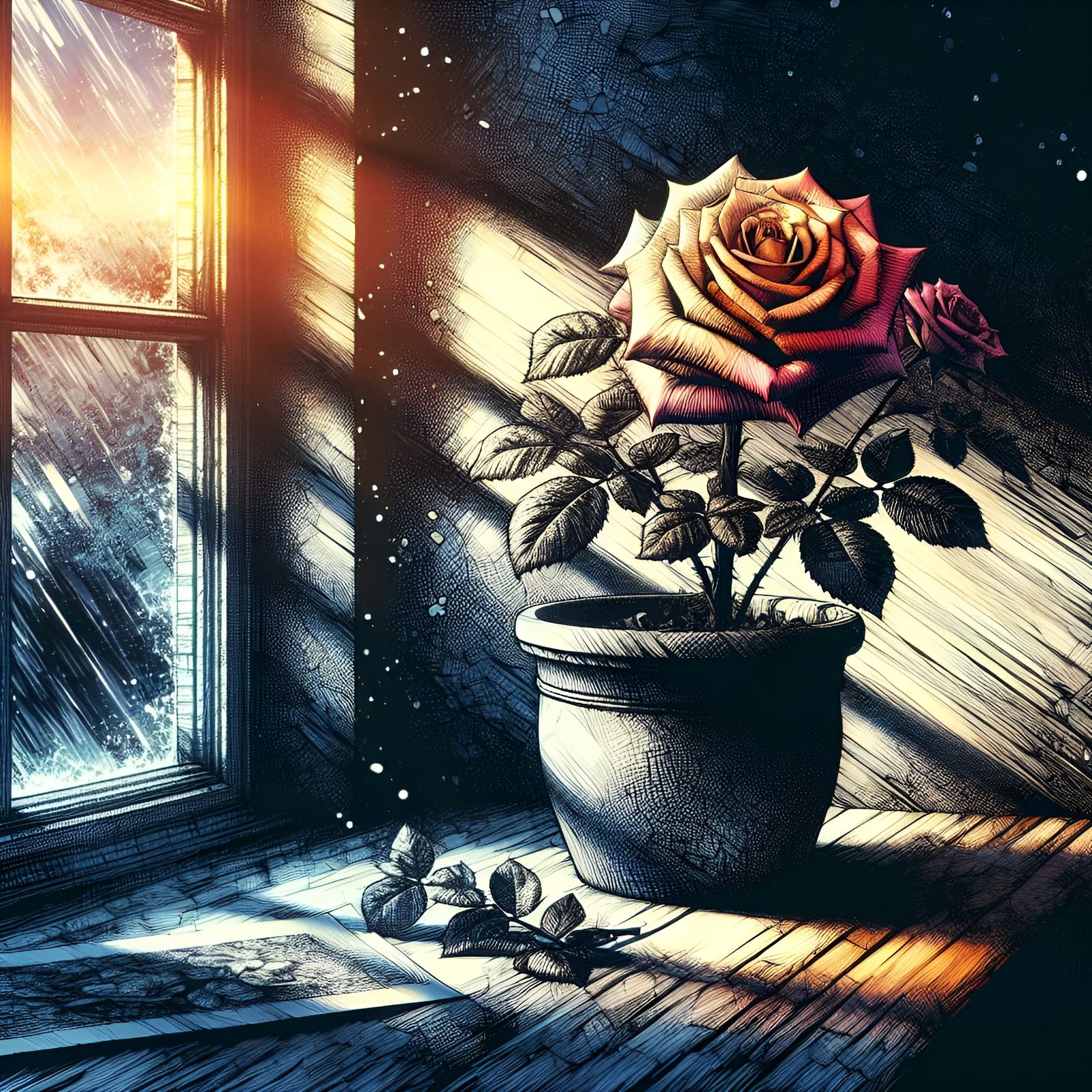 Rose on Windowsill in Mixed Media Style