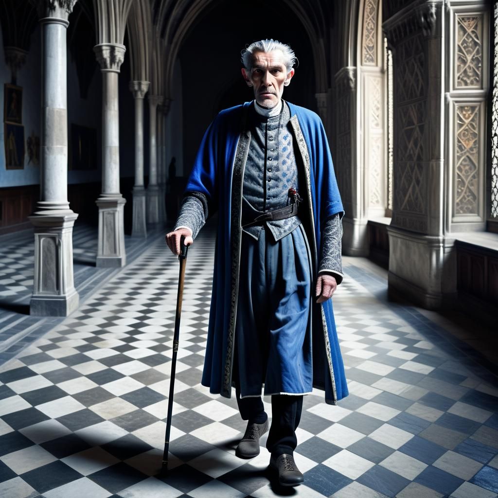 Stern Man in Medieval Livery in Gothic Palace