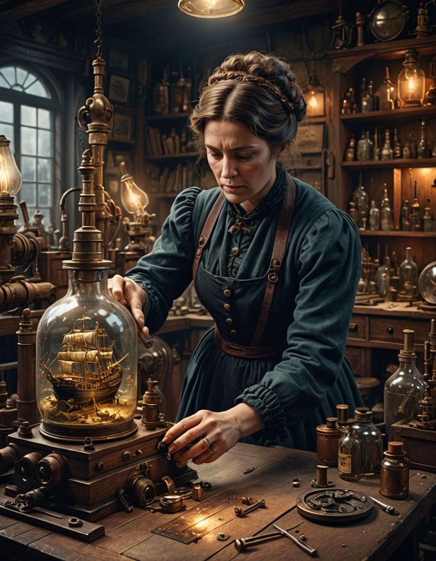 Victorian Woman Renovating Ship in Bottle, Digital Painting