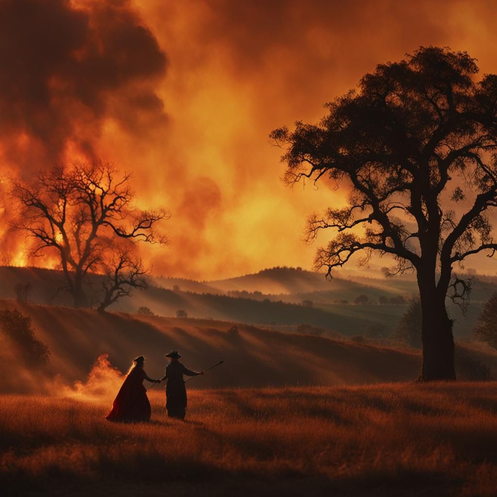 Renaissance Landscape with Distant Fire in Cinematic Style