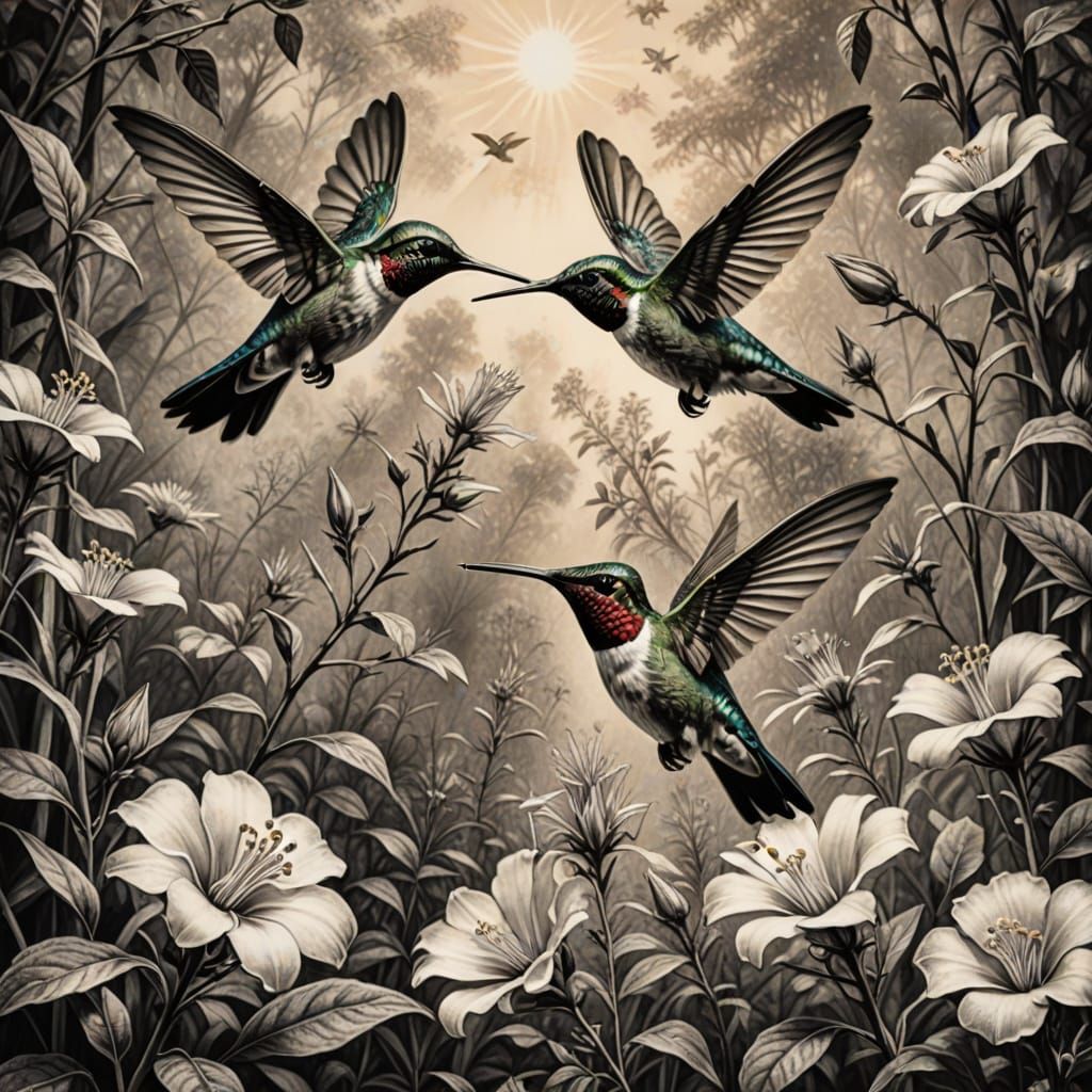 Vibrant Hummingbirds Dance Around a Tabasco Flower