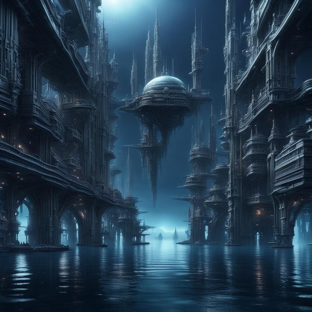 Futuristic Silver Underwater City in Digital Painting Style