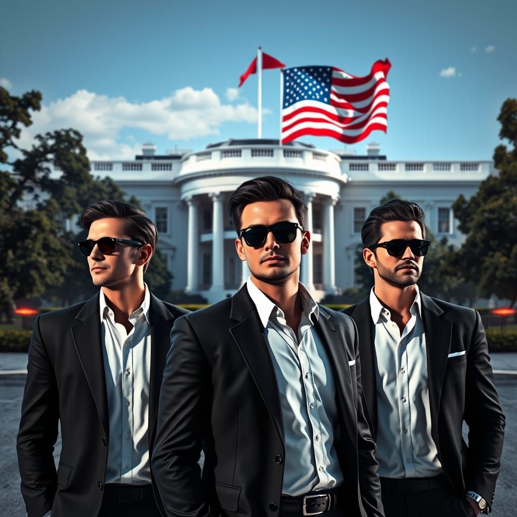 Men in Black Stand Confidently in Front of the White House