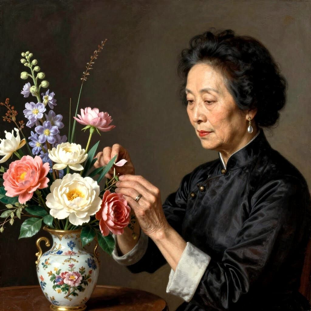 Elegant Vietnamese Matriarch Arranges Flowers in Hyperrealis...