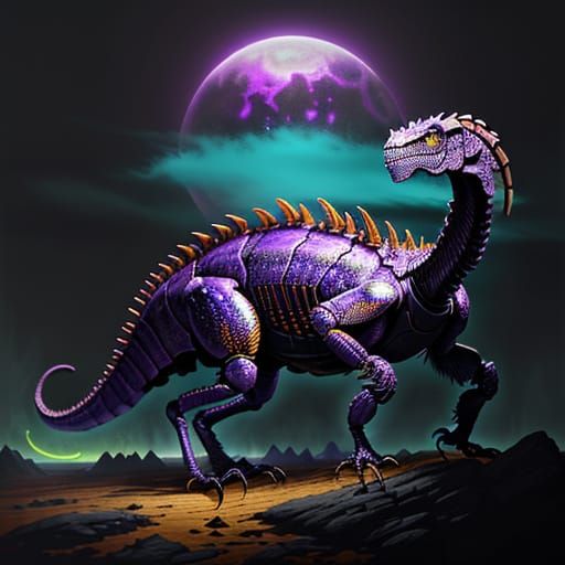 Majestic Violet Dinosaur in a Cosmic Sunset Landscape