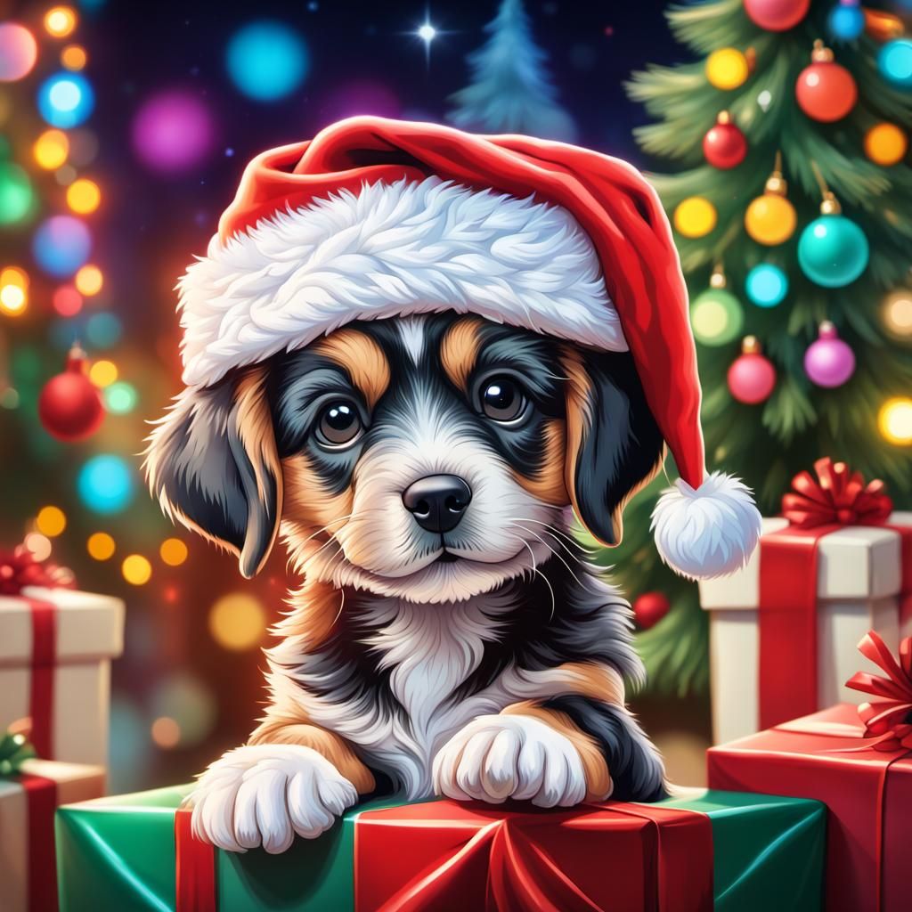 Ultra Cute Puppy with Santa Hat on Gift
