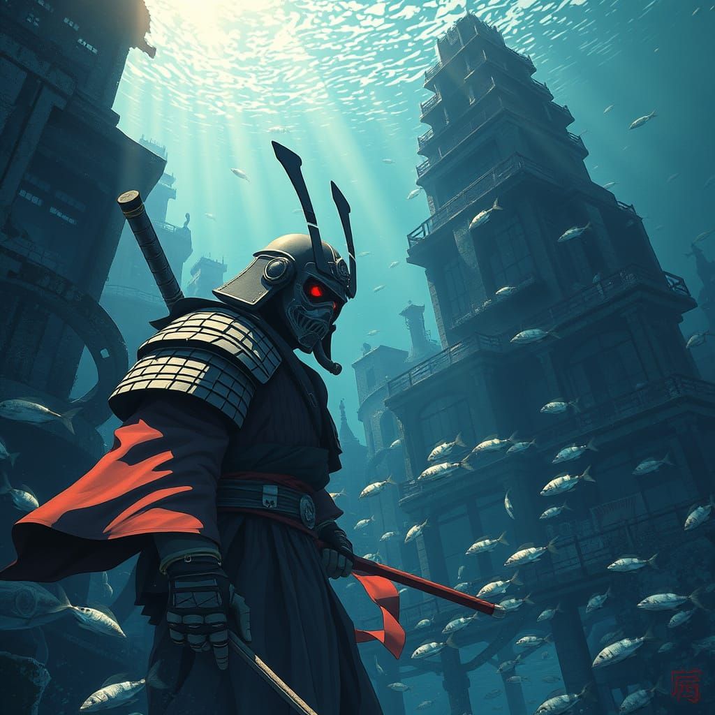 Samurai Diver Explores Sunken City in Cyberpunk Style