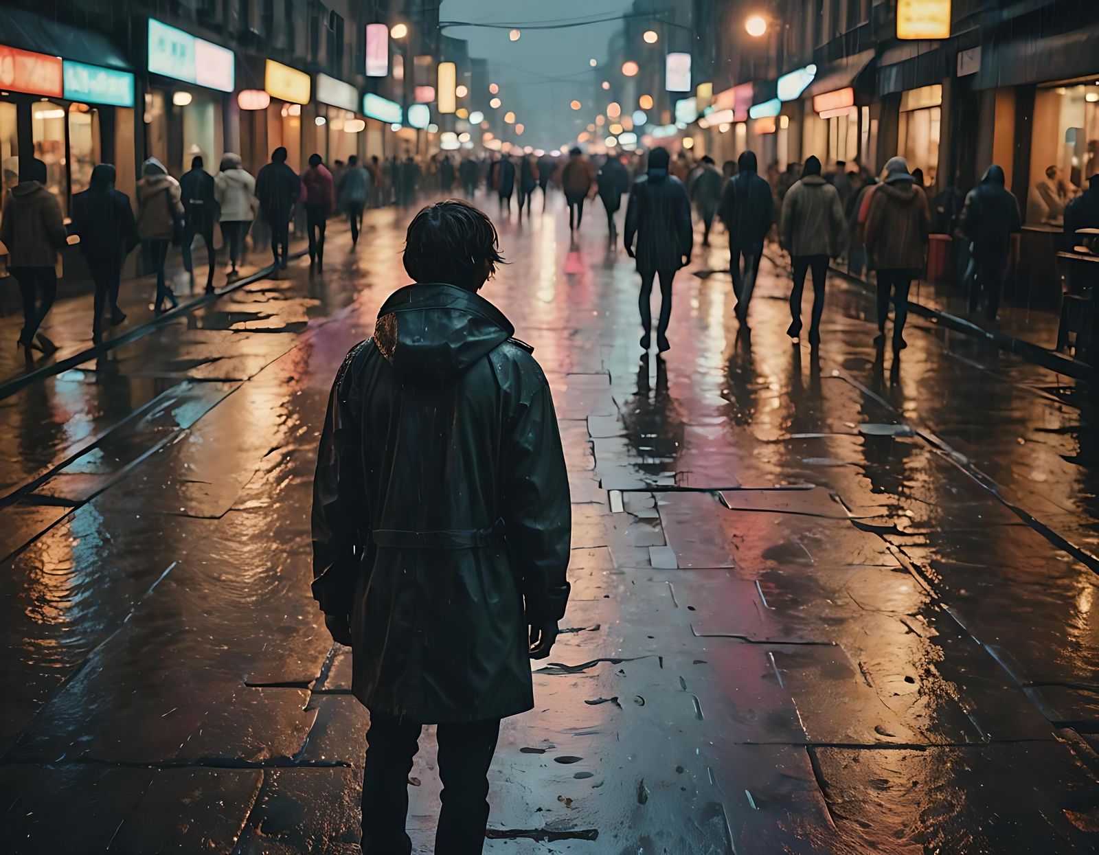 Lonely Figure in Crowd: Cinematic Film Still