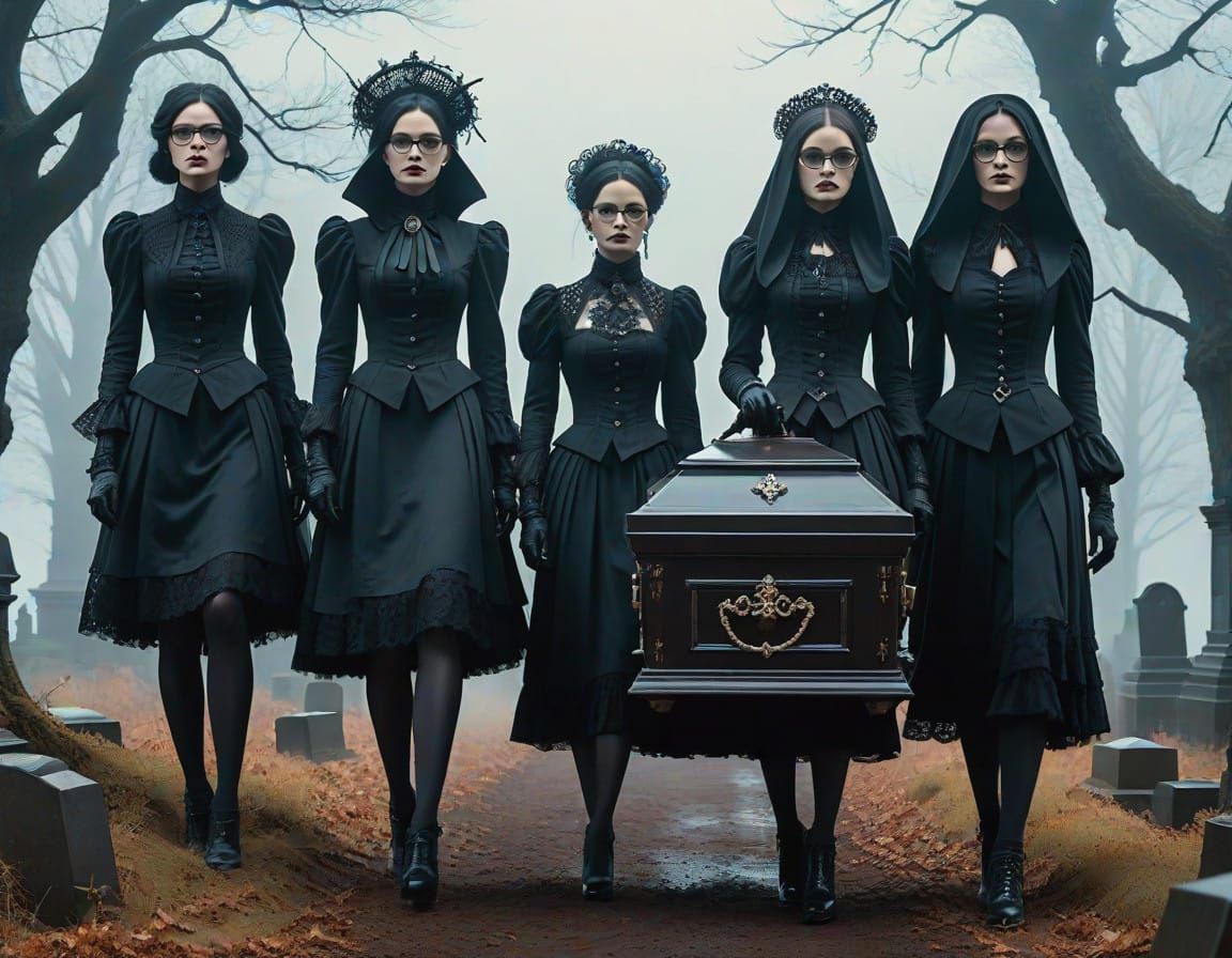 Gothic Beauties in Ebony Mourning Attire, Victorian-Style Co...