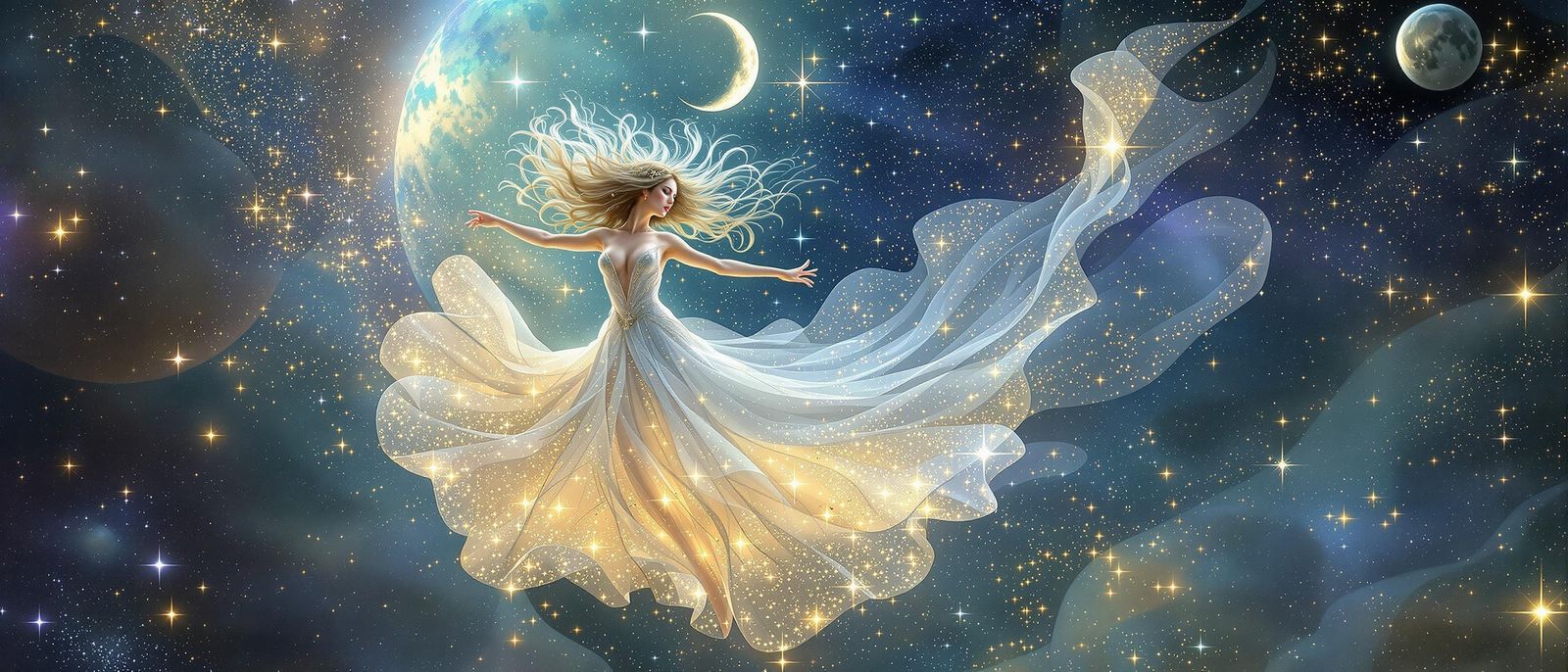 Ethereal Star Goddess Dancing Among Celestial Bodies