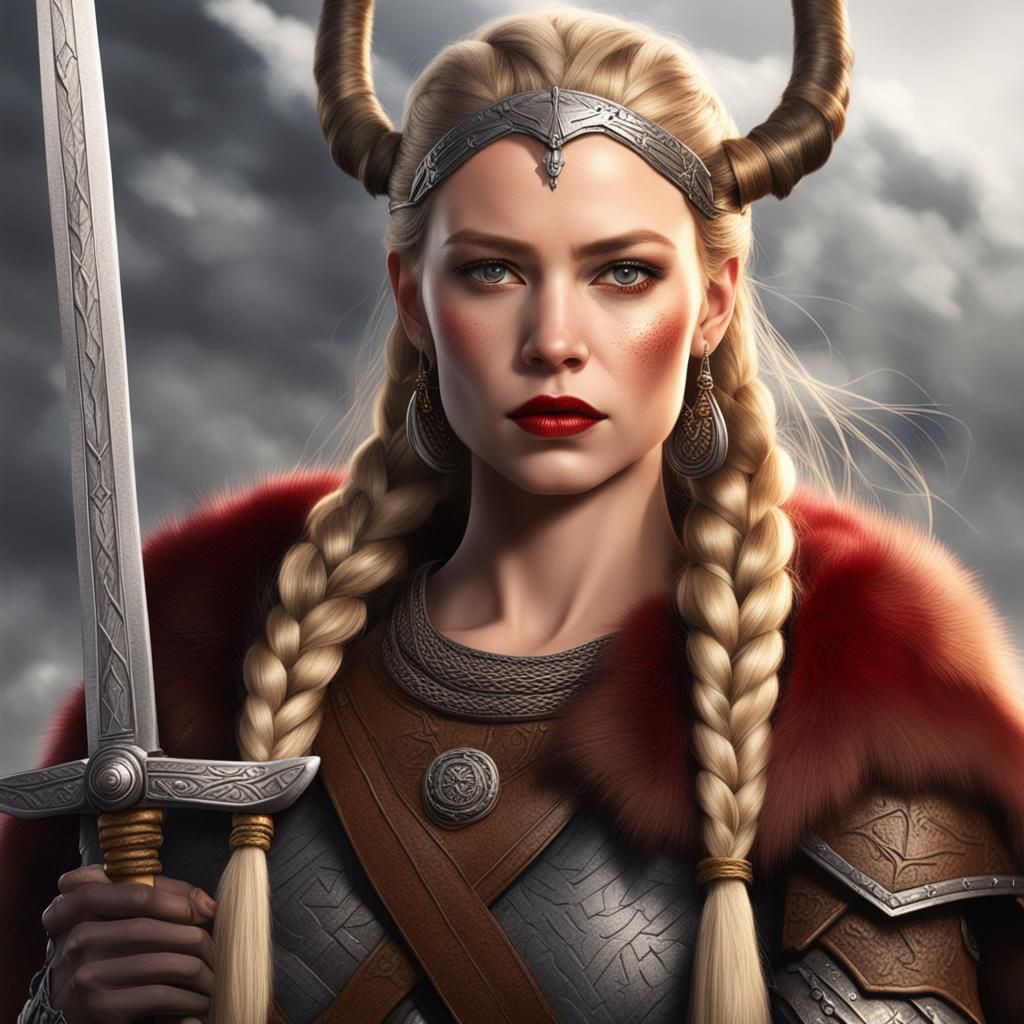 Hyperrealistic Valkyrie with Sword and Blonde Braids