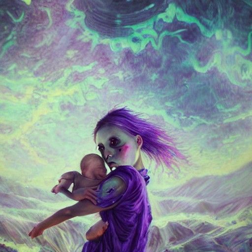 Post-Apocalyptic Girl with Baby in Wonderland