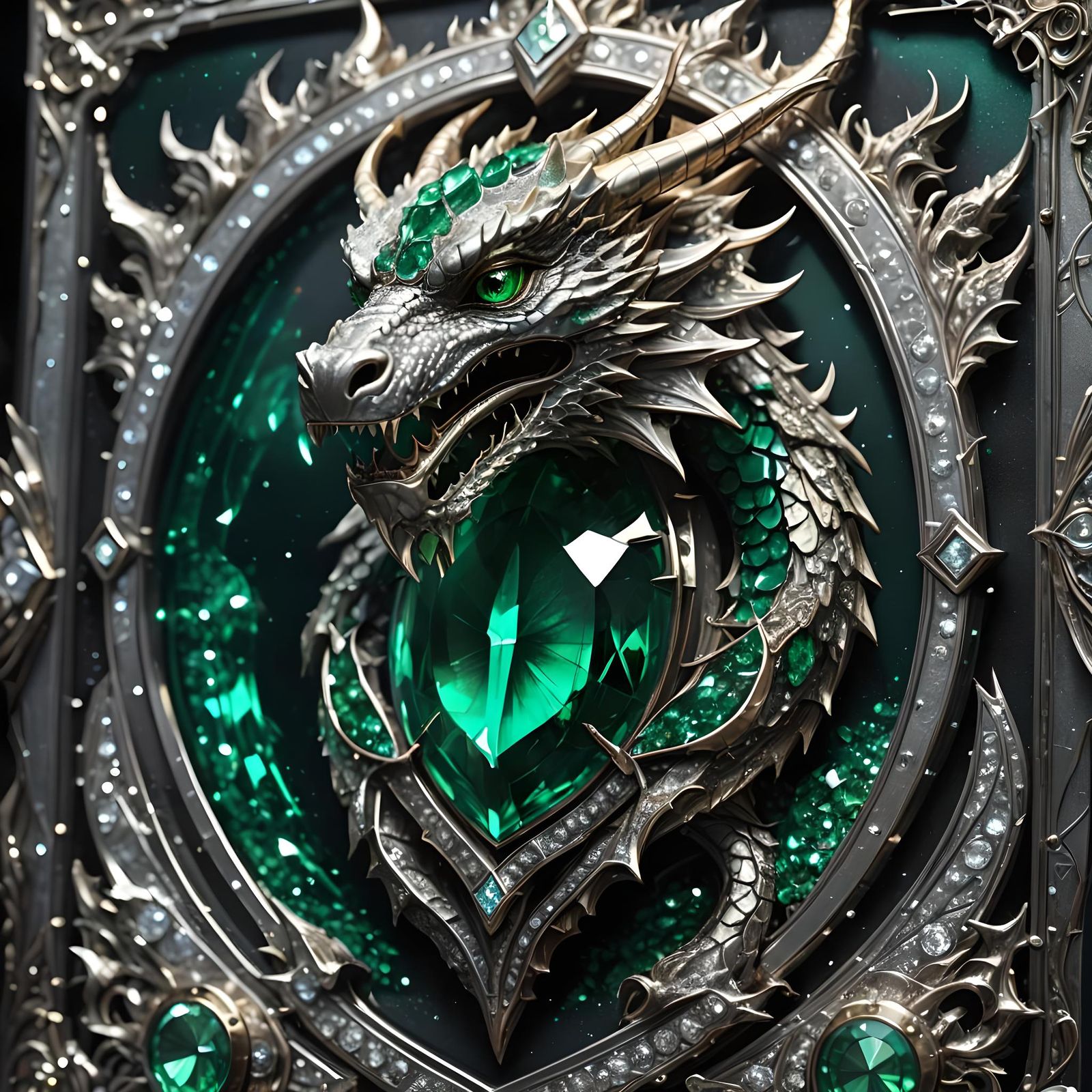 Emerald Dragon Card with Diamonds, Fantasy Art
