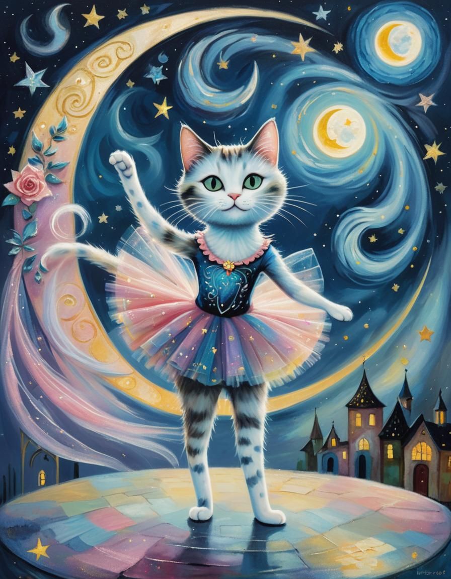 Ballerina Cat on Moonlit Stage: Surrealist Dreamscape