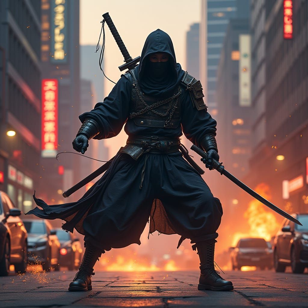 Ninja in Cyberpunk Cityscape at Twilight