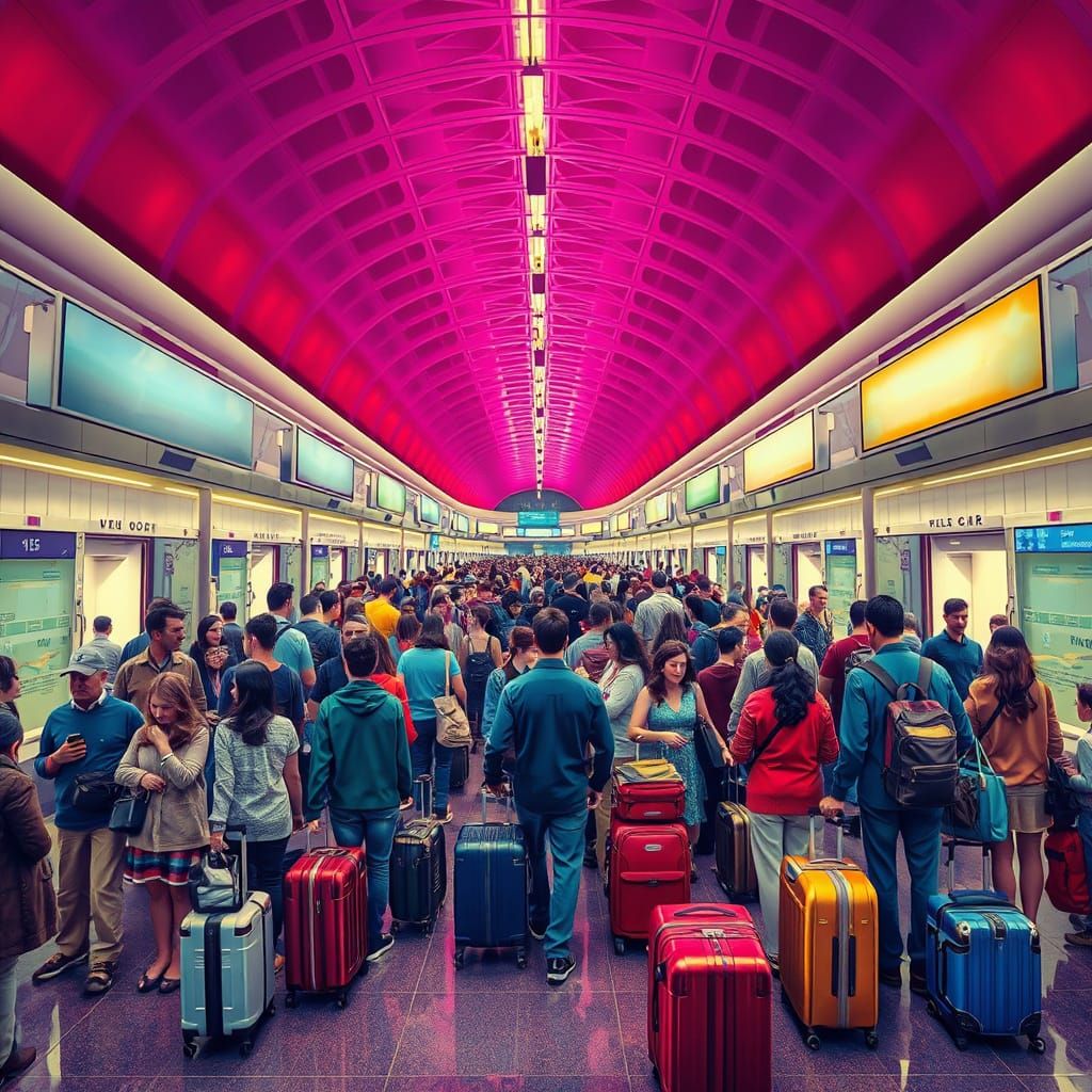 Crowded Airport Terminal at Night in Surreal Style