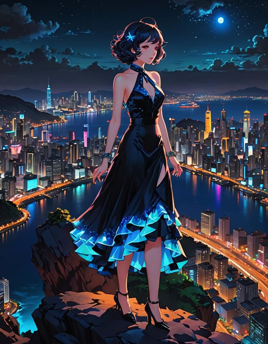 Psychedelic Cityscape with Glowing 1930s Dress in Anime Art