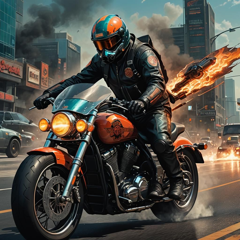 Futuristic Road Warrior on Motorcycle in Cyberpunk Style