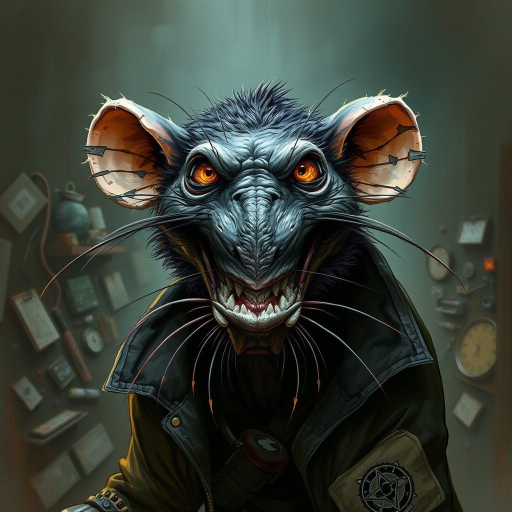 Macabre Portrait of a Punk Rat in a Haunted Scrap-metal Junk...