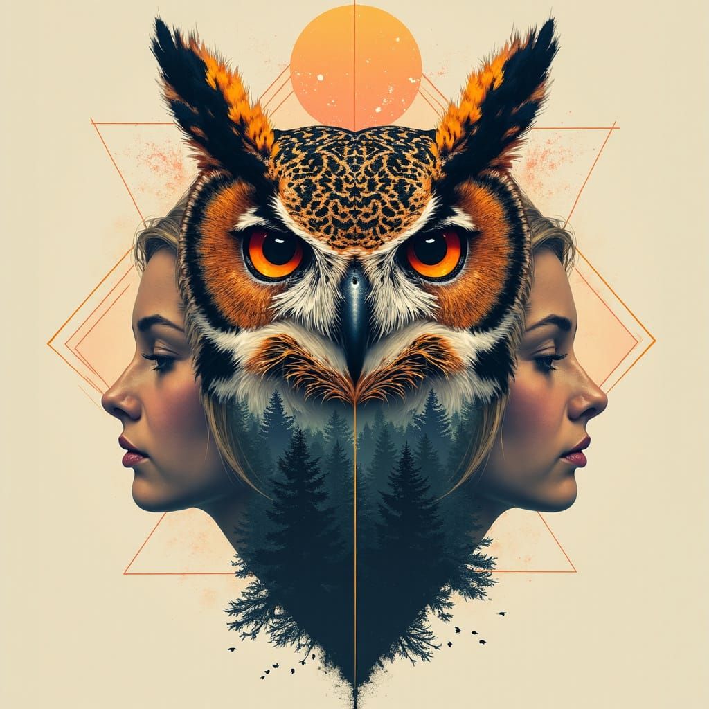 Bald Eagle Owl Tattoo Art with Forest and Geometric Patterns