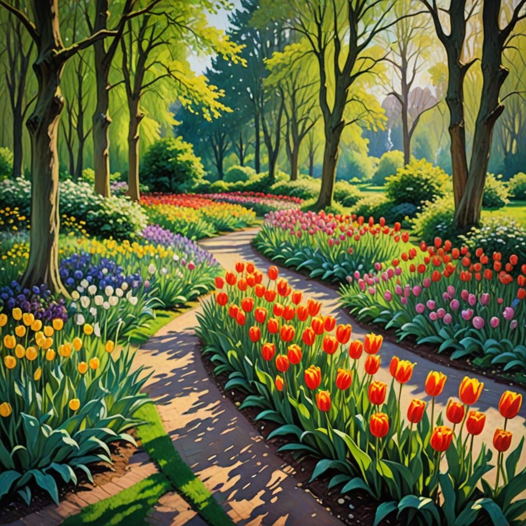 Impressionist Tulip Garden in Warm Afternoon Light