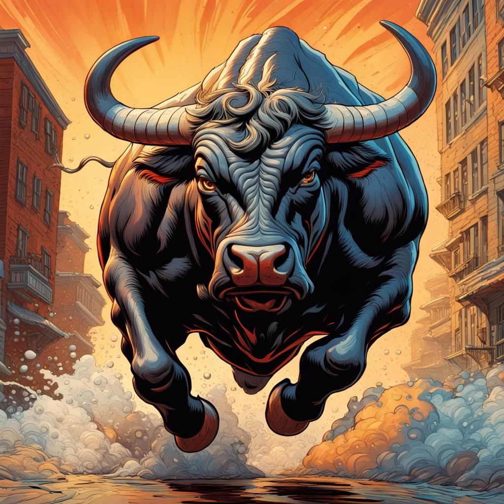 Fearsome Bull Running: Hyperrealistic Comic Art