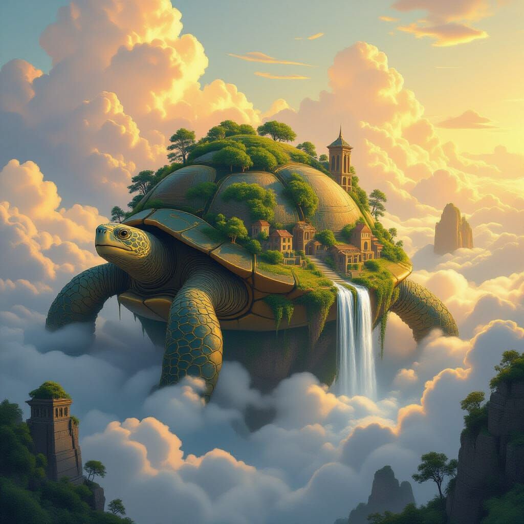 Colossal Turtle Island Drifting Through Clouds