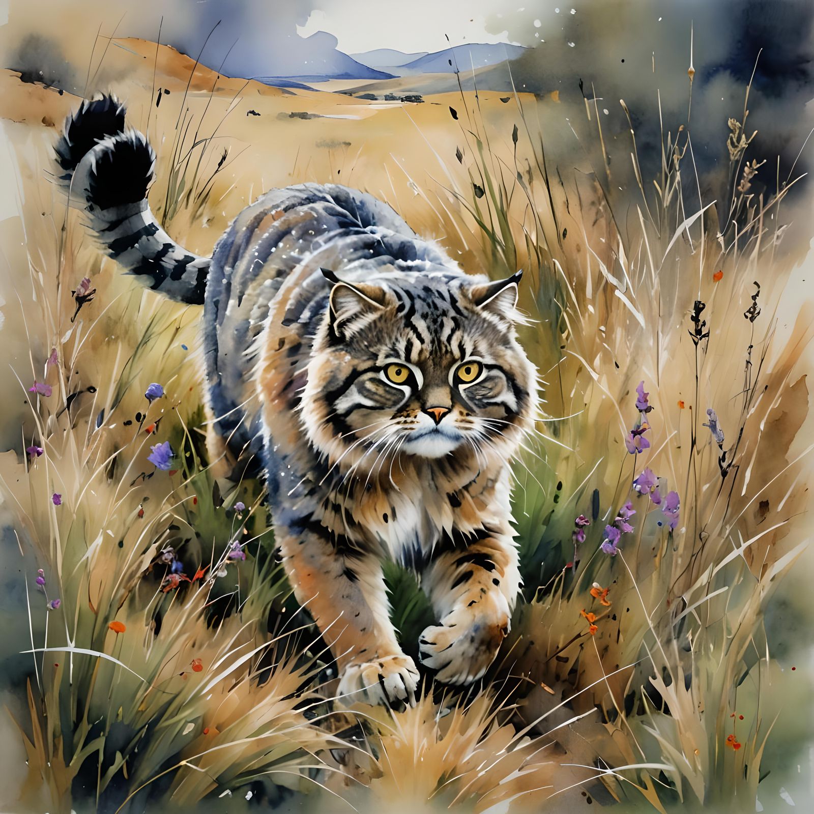 Pallas's Cat Hunting in Grasslands as Watercolour