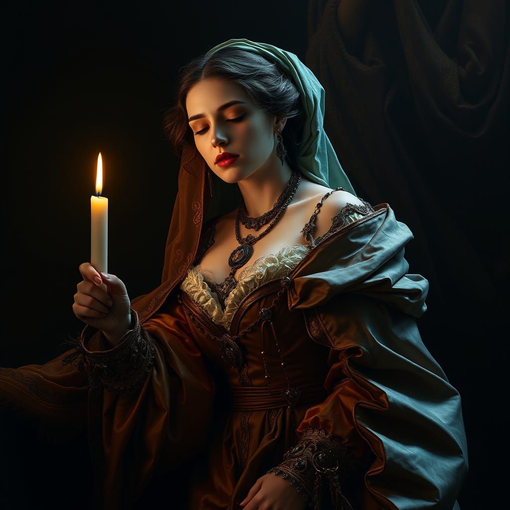 Mournful Renaissance Noblewoman in Hyperrealistic Shadows