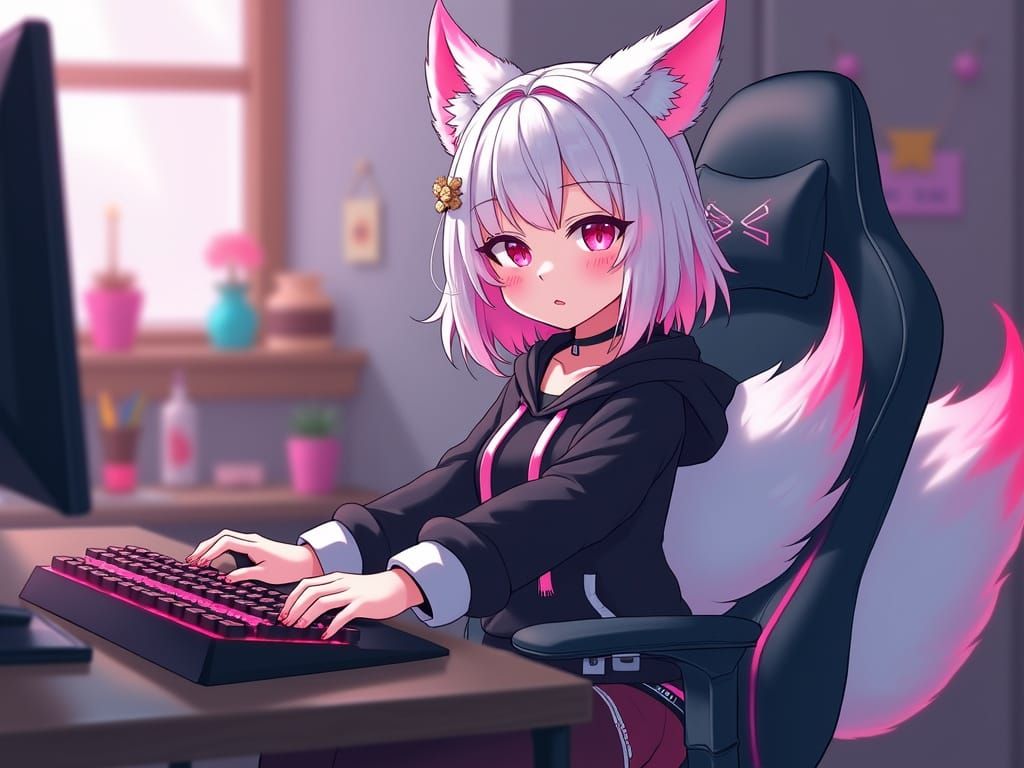 Anime Fox Girl in Cozy Gaming Setup