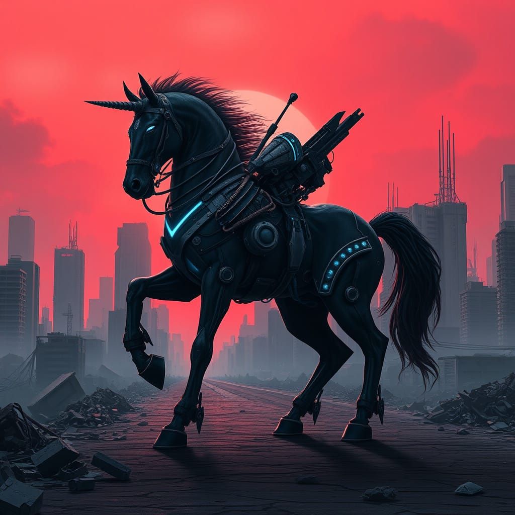 Cybernetic Centaur Warrior in Dystopian Ruins