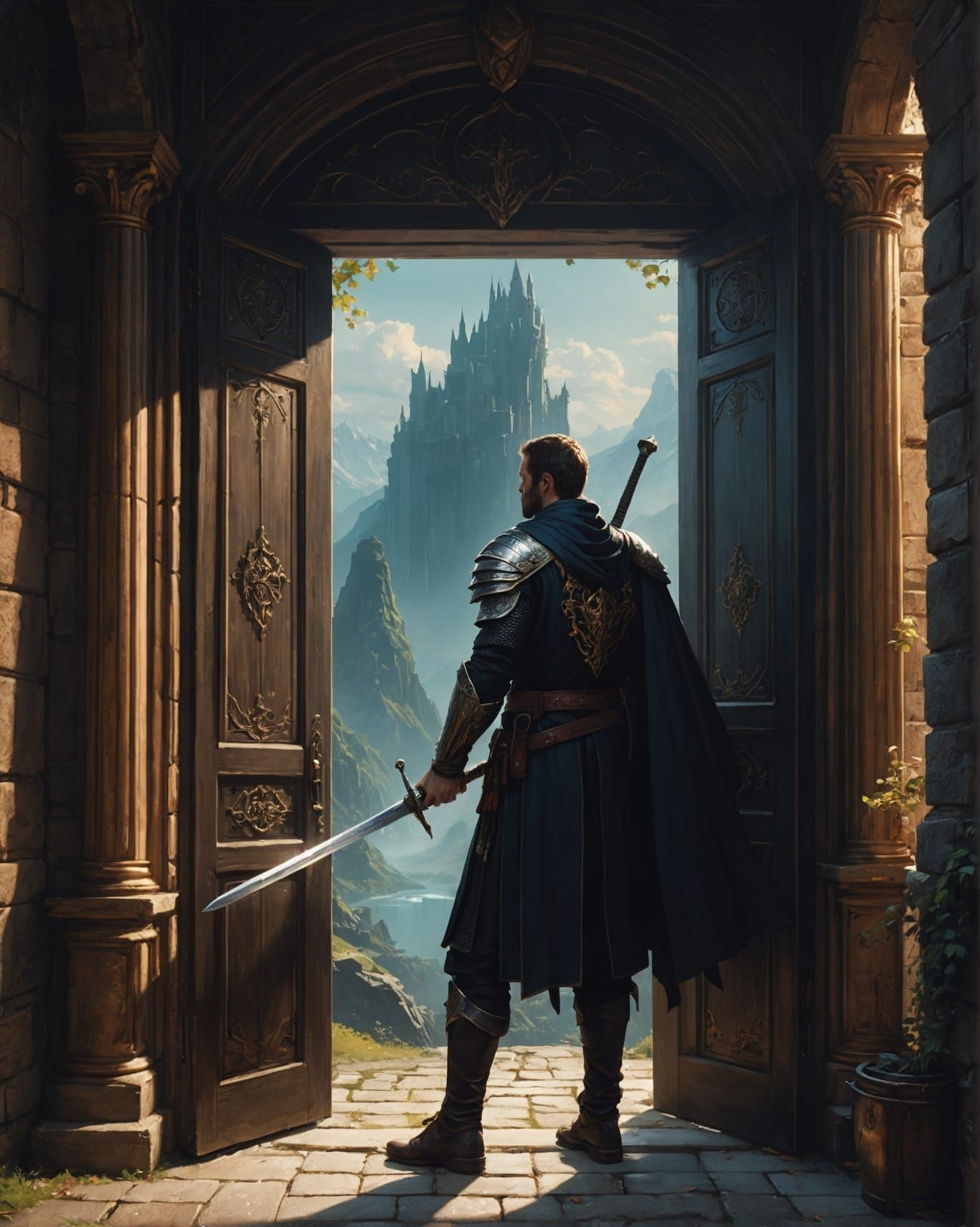 Man with Sword Before Portal: Fantasy Art