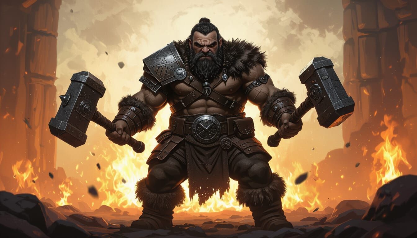 Dwarf Barbarian With Twin Hammers In Fiery Light