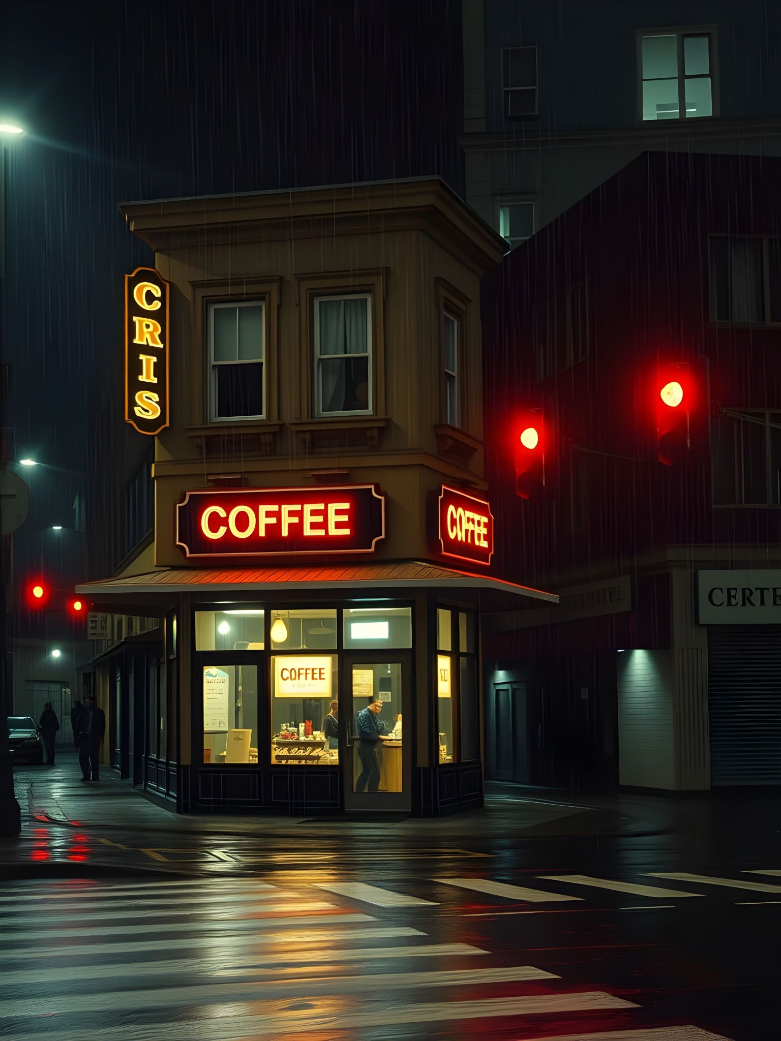 Rainy City Nightscape with Corner Shop
