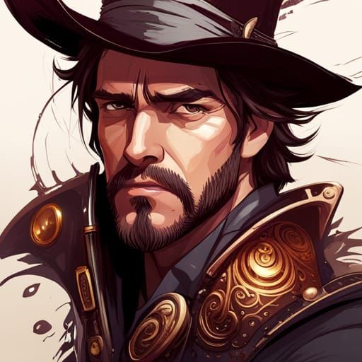 Detailed Cowboy Portrait with Golden Outlines