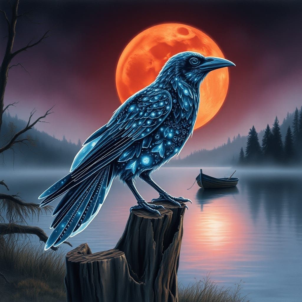 Bioluminescent Crystal Raven Watercolor Under Blood Moon