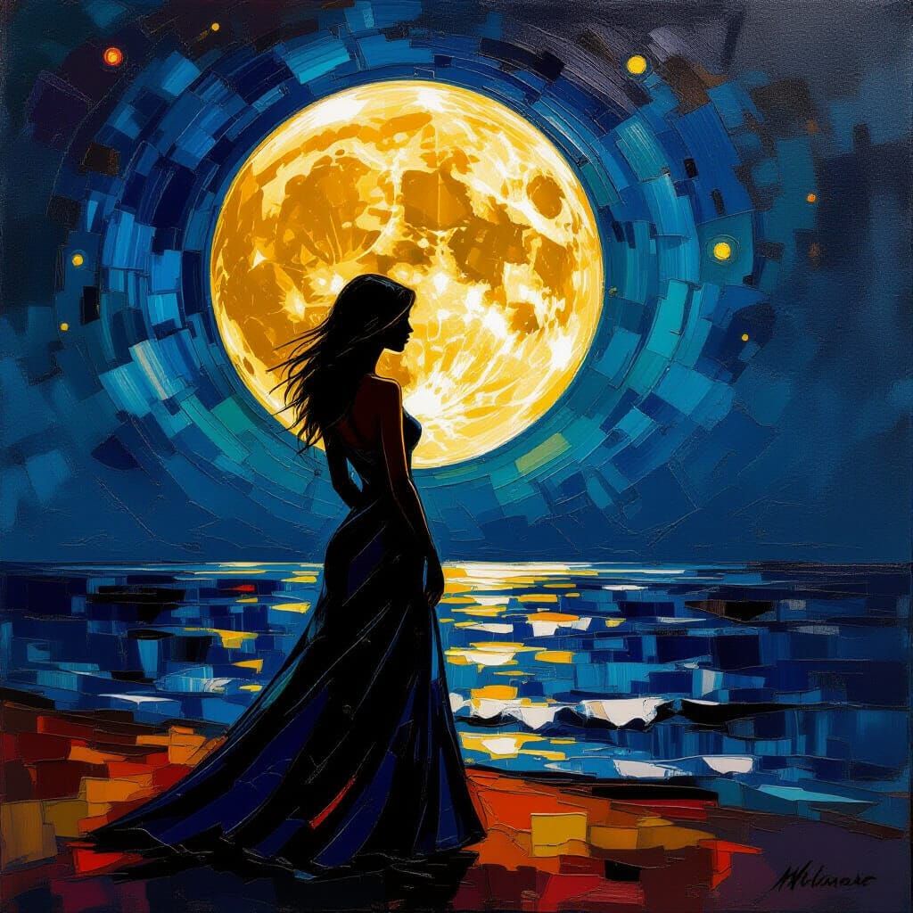 Woman's Shadow Obscures Moonlit Beach Scene