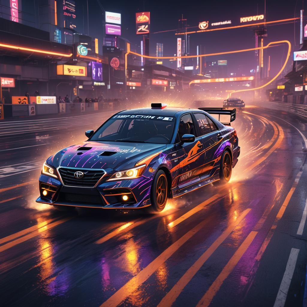 Toyota Crown Rally Car Drifting on Neon Circuit